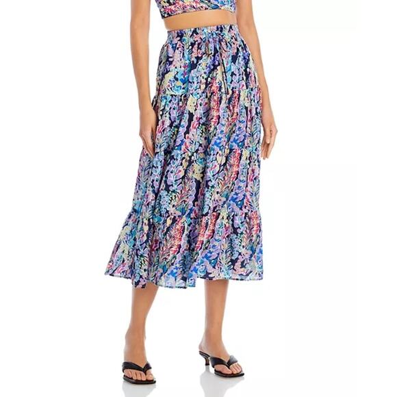 AQUA Flower‎ Print Tiered Drawstring Midi Skirt Size Large Coquette Feminine - Picture 1 of 9